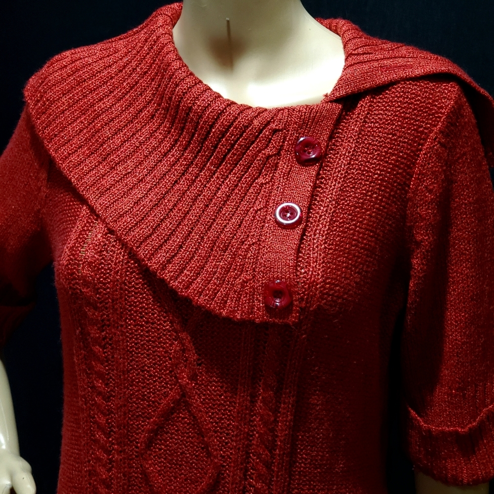 Dress Barn Red 1/2 Sleeve Folded Asymmetric Collar Pullover Long Sweater Size M